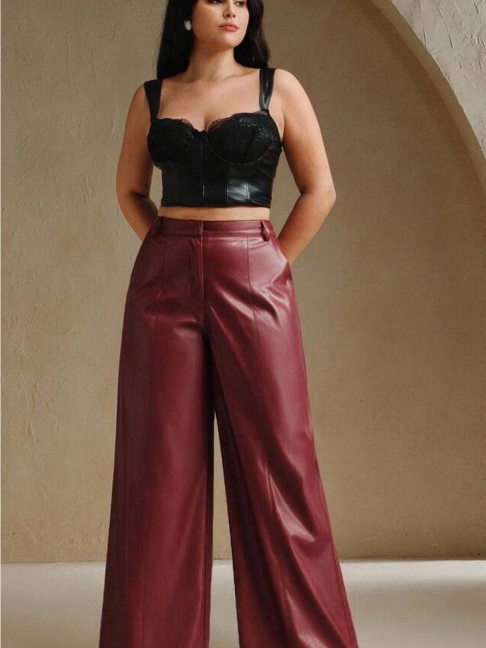 SHEIN Wide-Leg Faux Leather Pants in Burgundy